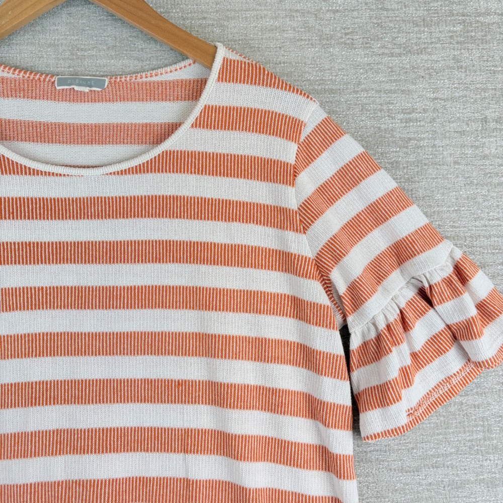 Pleione Flare Sleeve Flowy Ruffle Top Womens M Orange White Striped Knit Comfy